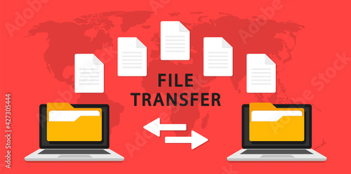 File transfer against the background of the world map. Two laptop computers with file, folder or documents transferring between each other. Transfer of documentation. File sharing concept. Vector