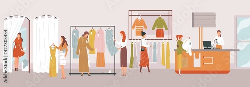 Shop girl, woman measures clothes, fitting room, fashionable stylish purchase, design, cartoon style vector illustration.