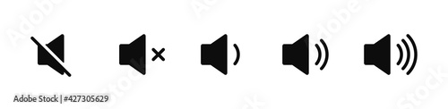 Sound volume icons set with different signal levels on white background. Аn icon that increases and reduces the sound. Sound icon, volume symbol, speaker sign, audio control icon set. Vector