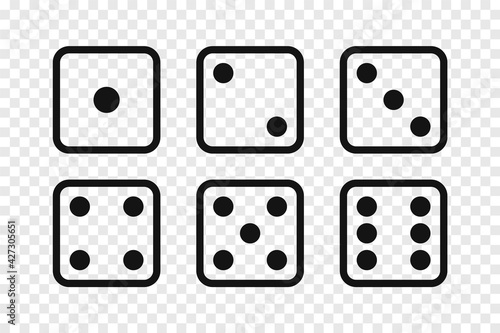 Game dice set isolated on transparent background. Set of dice in linear design from one to six. Traditional game die with marked with different numbers of dots or pips from 1 to 6. Vector illustration