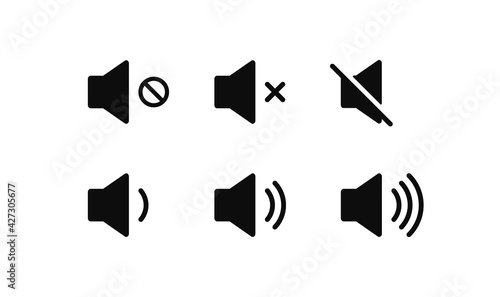 Sound volume icons set with different signal levels on white background. Аn icon that increases and reduces the sound. Sound icon, volume symbol, speaker sign, audio control icon set. Vector