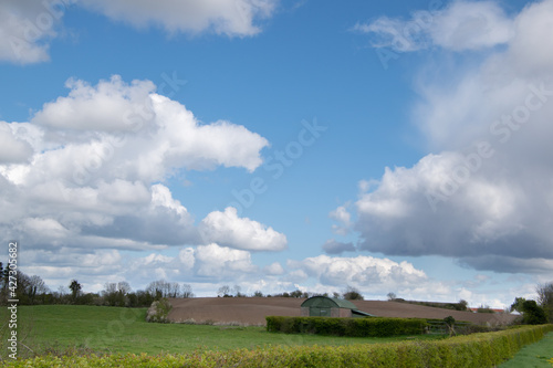 Agricultural land , view of farmland with low cloudy sky .rural landscape.