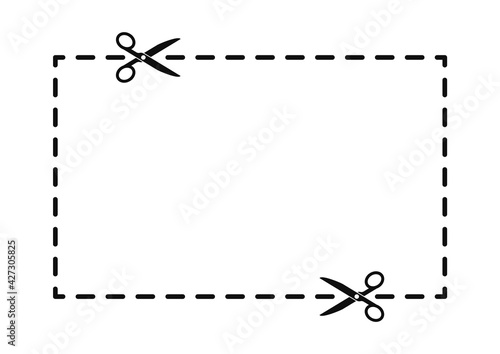 Scissors cut along the contour on a white background. Cut out coupon border rectangle shape. Scissors cutting square line. Vector illustration