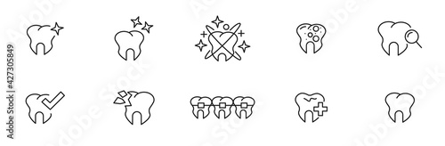 Set of teeth icons. Dental care, prevention check up, stomatology services, dental, toothache, braces, oral clean, linear design. Vector illustration. EPS 10