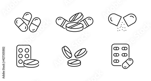 Simple set of medical drugs in thin line style. Pills icons for web site design and mobile apps. Set of medicine icons, pharmacy, drug store, capsule. Vector illustration