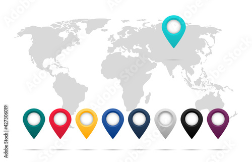 World map with colored markers. Collection of map pointers with world map. Map with pointer labels of continents and countries. Vector illustration. EPS 10