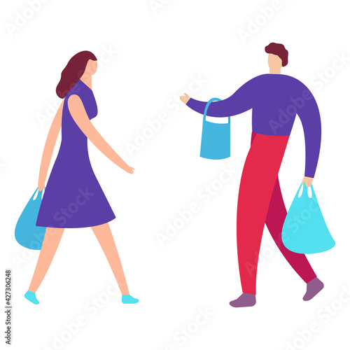 Young couple guy and girl have fun running in supermarket with shopping bags. Happy man and woman in store with purchases. Holiday sales shop retail consumer concept vector isolated illustration