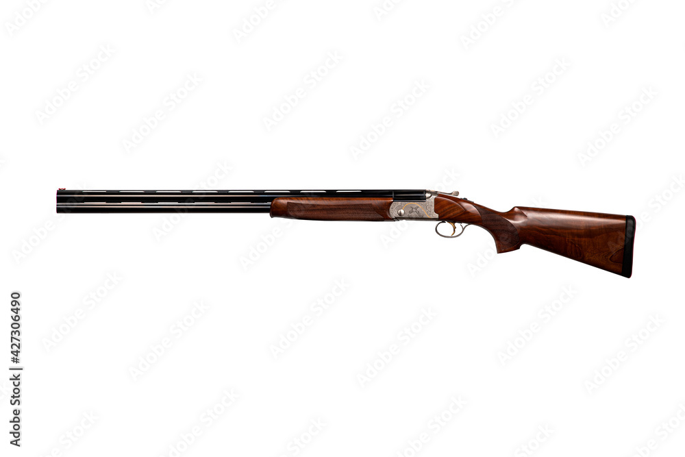 Expensive classic double-barreled smooth-bore hunting rifle on a white background Expensive classic double-barreled smooth-bore hunting rifle on a white background