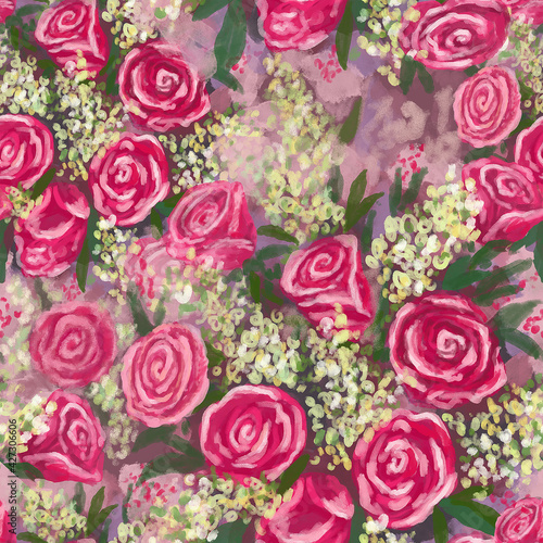 Seamless pattern with pink roses with green leaves and small white flowers