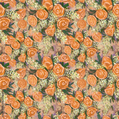 Seamless pattern with orange bouquet of roses