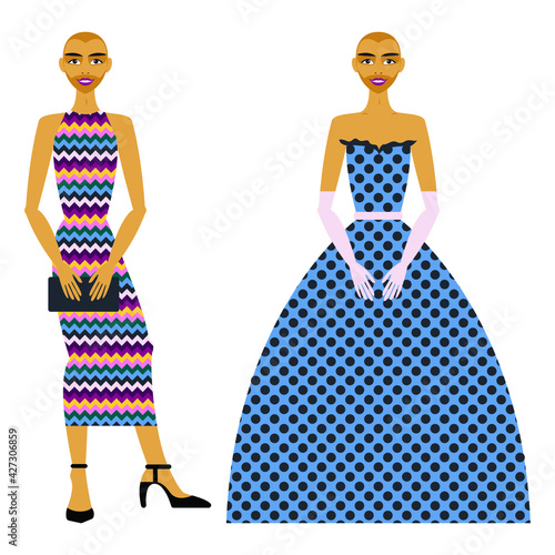 Vector graphics - two bald top transgender models in beautiful dresses isolated on a white background. Concept-beauty and fashion