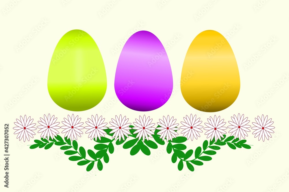 Colored illustration of eggs, herbs, flowers for postcard decoration, for printing on fabric and paper for the Easter holiday