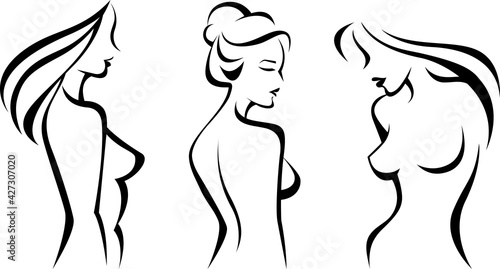 Female silhouette in pen drawing style set of female figures with different poses