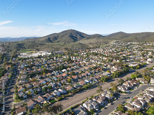 Aerial view of Carmel Mountain neighborhood with Black Mountain. San Diego County, California. photo