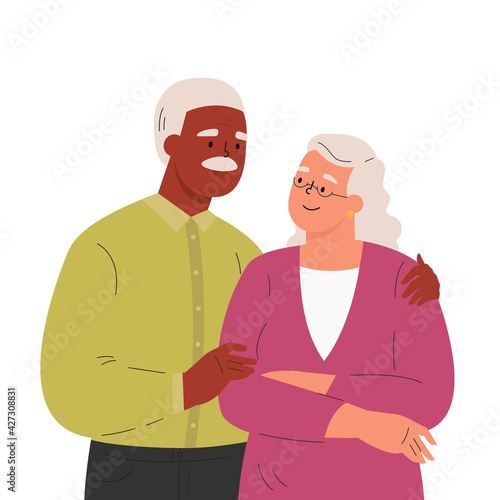 Happy elder man hugging his wife feeling love to each other. Portrait of old couple man and woman. Friendly family relationship. Cartoon vector flat illustration on white background. 