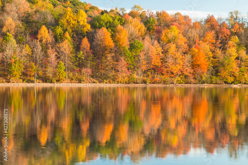 reflection of vibrant colorful peak autumn foliage of trees in the serene Lake Habeeb in Rocky Gap State Park in Western Maryland Allegany county.