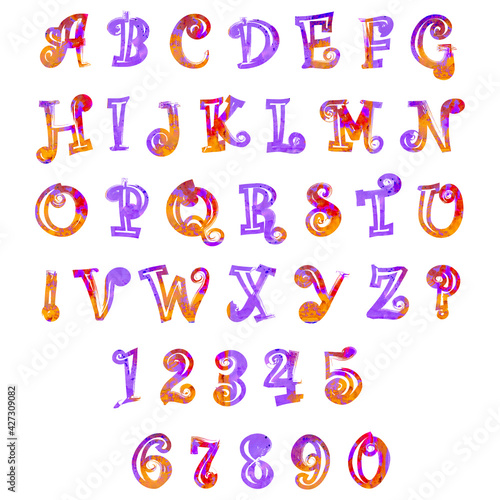 Raster set: capital letters of the Latin alphabet, exclamation, question marks and numbers: 1, 2, 3, 4, 5, 6, 7, 8, 9, 0. Multicolored isolated elements with watercolor fill on a white background.