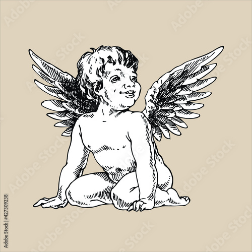 Little angel smiles, engraving, Baroque.