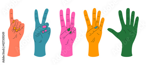 Hand fingers showing numbers. Colored human wrists, showing one, two, three, four, five. Doodle vector illustration