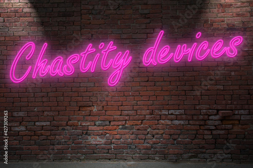 Neon BDSM Chastity devices (in german Keuschheitsgürtel) lettering on Brick Wall at night photo