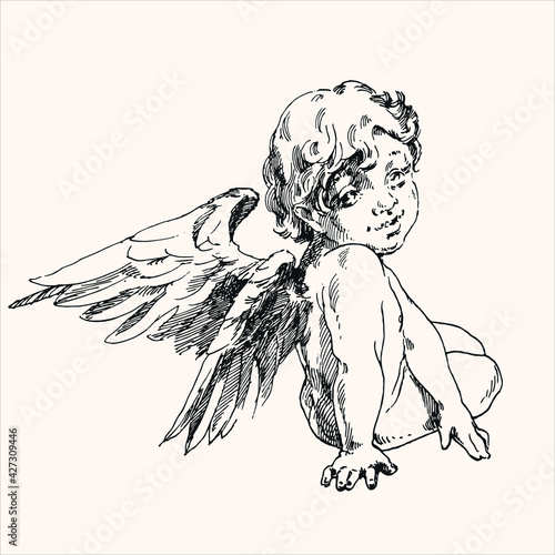 Gentle engraving angel on pink.
