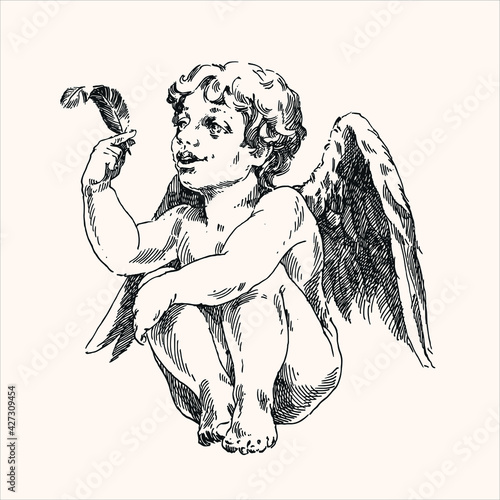 Angel with a feather, engraving on pink.
