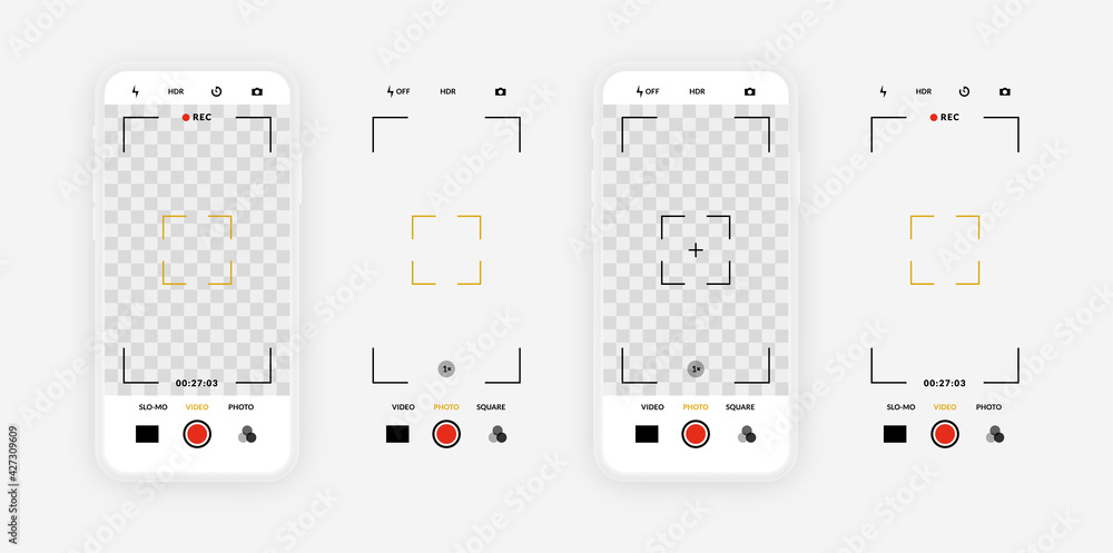 Photo camera phone screen. Video focus, smartphone display, rec. frame. Touchscreen buttons, vector illustration Photo camera phone screen. Video focus, smartphone display, rec. frame. Touchscreen buttons, vector illustration