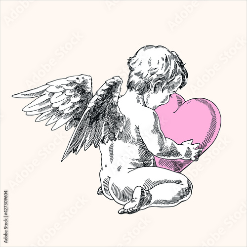 Engraving cupid hugs a heart.