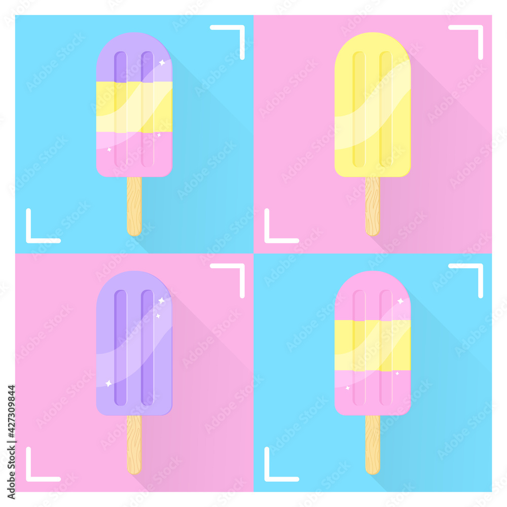 Colorful fruit ice cream lolly icon set. Shiny yellow, pink and violet popsicle isolated on bright blue background. Glossy lolly stick summer sparkling dessert. Colored flat vector illustration. Colorful fruit ice cream lolly icon set. Shiny yellow, pink and violet popsicle isolated on bright blue background. Glossy lolly stick summer sparkling dessert. Colored flat vector illustration.