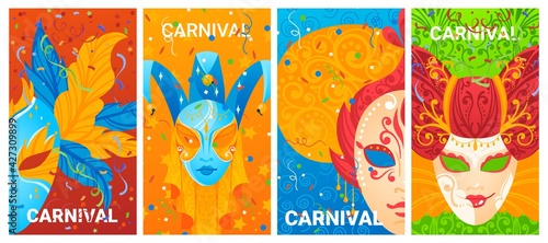 Carnival background, bright masquerade, holiday decoration, mystery festival, design, in cartoon style vector illustration.