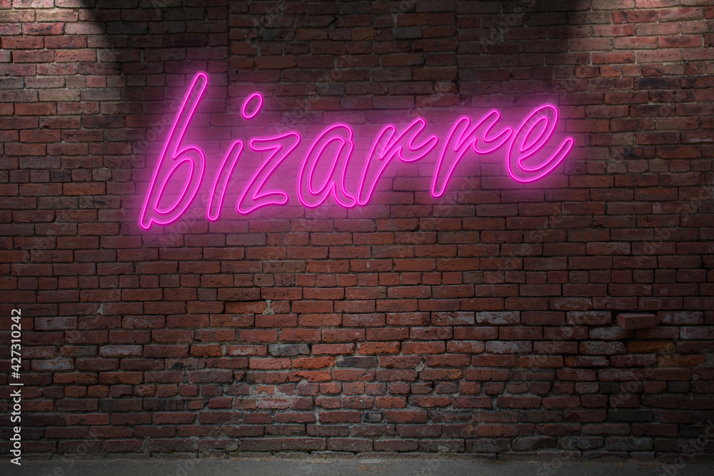 Obraz premium Neon BDSM bizarre (in german bizarr) lettering on Brick Wall at night