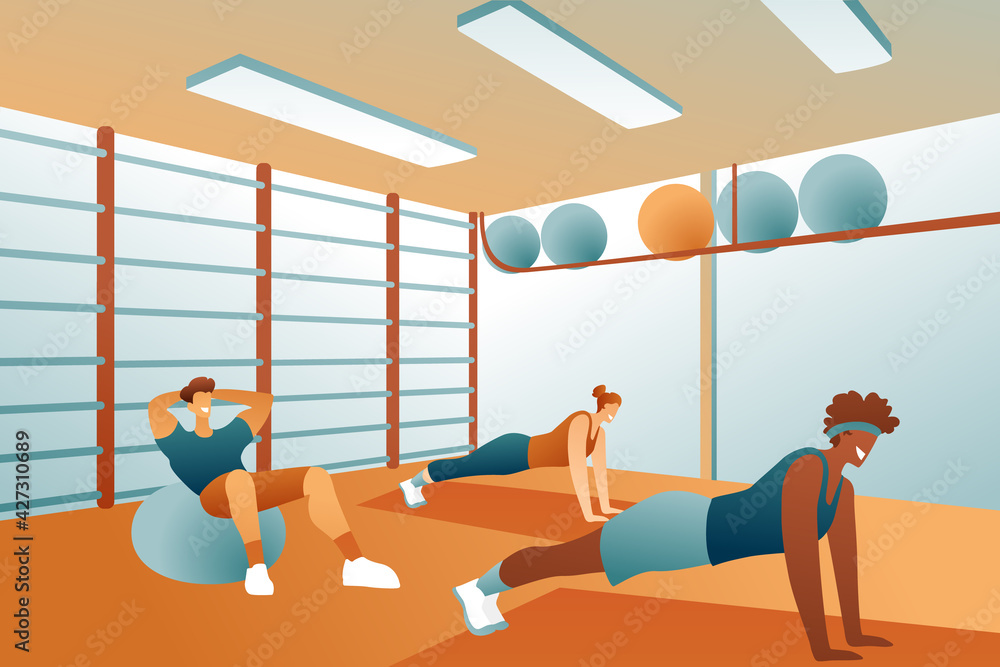 People are engaged in sports in the gym, men and women are engaged in ...