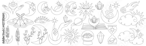 Beautiful set of mystic details in line art style.