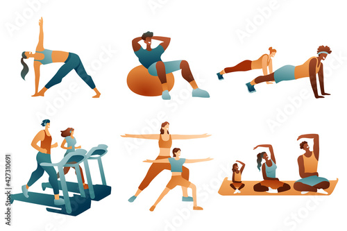 A set of modern illustrations of sports exercises, men and women are engaged in various sports. The concept of a healthy lifestyle, running on a treadmill. Sports characters on a white background. 