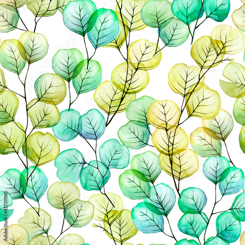 watercolor seamless pattern with eucalyptus leaves. transparent colored eucalyptus leaves of blue  green  yellow color. modern print botanical illusion  tropical plants