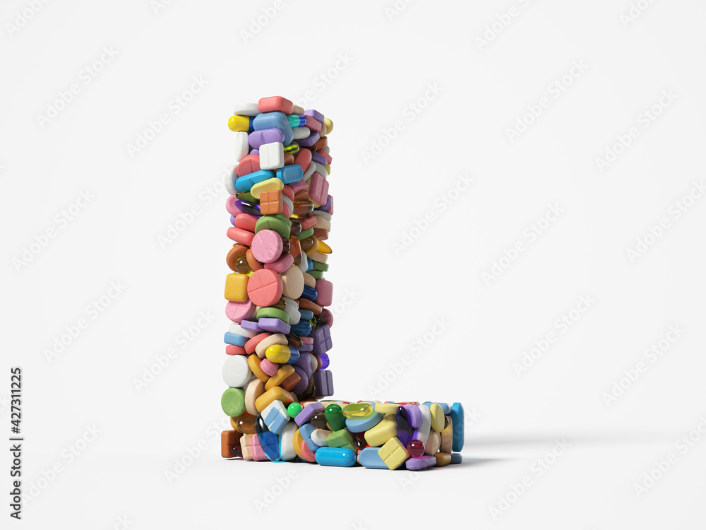different pills stack in shape of letter L. suitable for medicine, healthcare and science themes. 3D illustration, isolated on white background