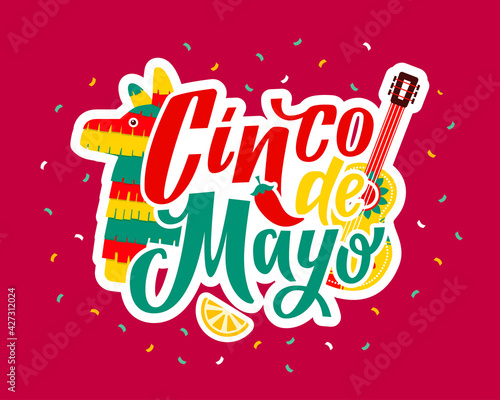 Cinco de Mayo - May 5, federal holiday in Mexico. Hand drawn lettering phrase. Cinco de mayo poster with guitar and decoration vector illustration design. Mexican fiesta