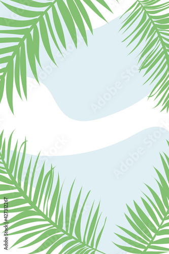 Natural plant banner, with green palm leaves, botanical poster. Background for interior design, tropical poster, with abstract blue spots, in minimalist style, with palm topical leaves and branches.