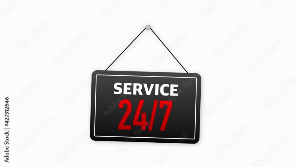 Sign on door store with 24 7 SERVICE. Business black banner. Motion graphic. Sign on door store with 24 7 SERVICE. Business black banner. Motion graphic.