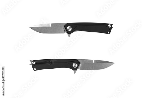Black pocket folding knife isolate on white back. Compact metal sharp knife with a folding blade.