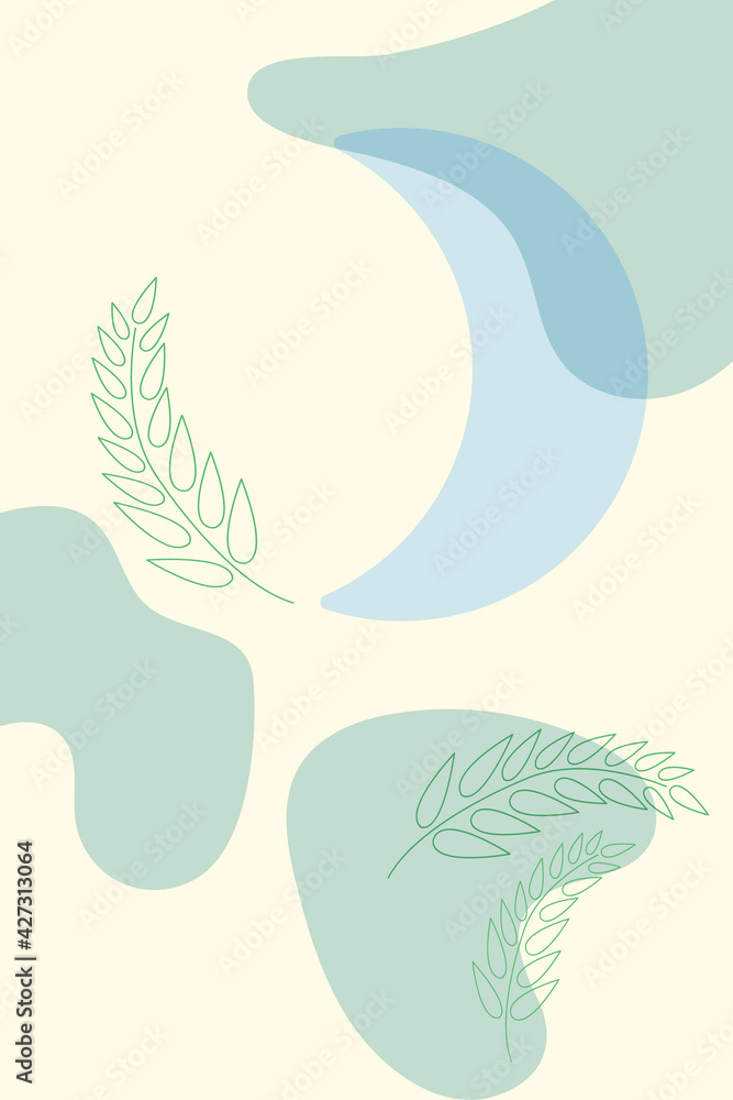 Yellow abstract poster with simple shapes and floral elements, branches and leaves. Trendy minimalist interior wall poster. Minimalist yellow banner in blue and green colors. Vector natural design Yellow abstract poster with simple shapes and floral elements, branches and leaves. Trendy minimalist interior wall poster. Minimalist yellow banner in blue and green colors. Vector natural design