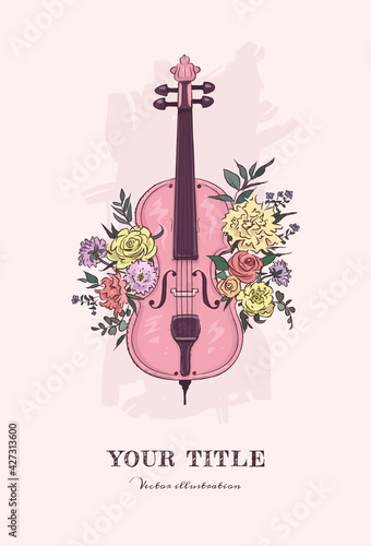 Hand drawn illustration of cello and flowers