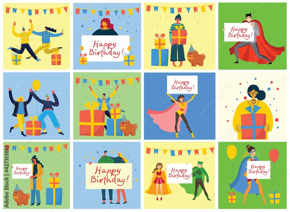 Happy birthday party background. Happy group of people celebrate on a bright background. Vector illustration Happy birthday party background. Happy group of people celebrate on a bright background. Vector illustration