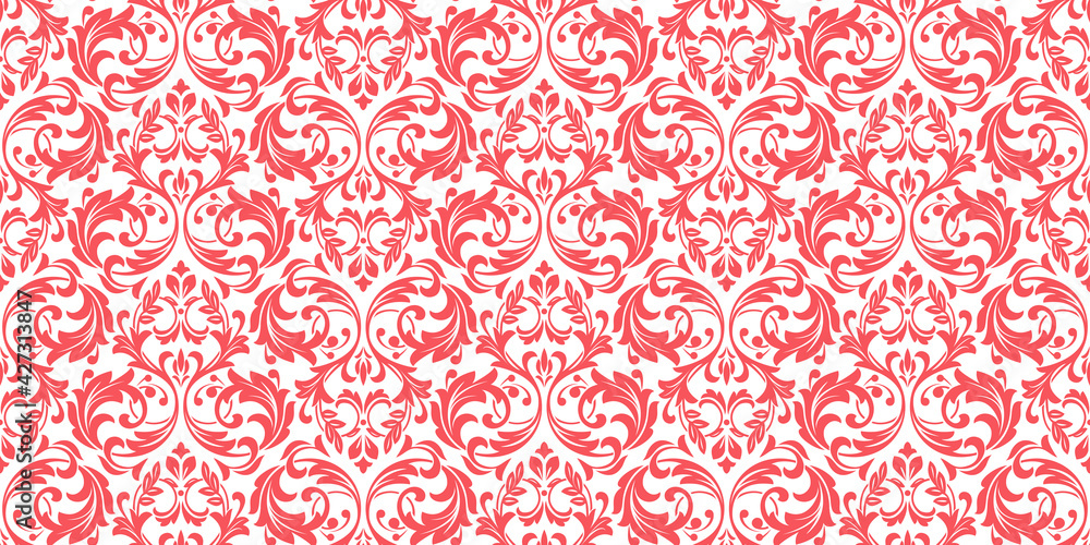 Wallpaper in the style of Baroque. Seamless vector background. White and pink floral ornament. Graphic pattern for fabric, wallpaper, packaging. Ornate Damask flower ornament Wallpaper in the style of Baroque. Seamless vector background. White and pink floral ornament. Graphic pattern for fabric, wallpaper, packaging. Ornate Damask flower ornament