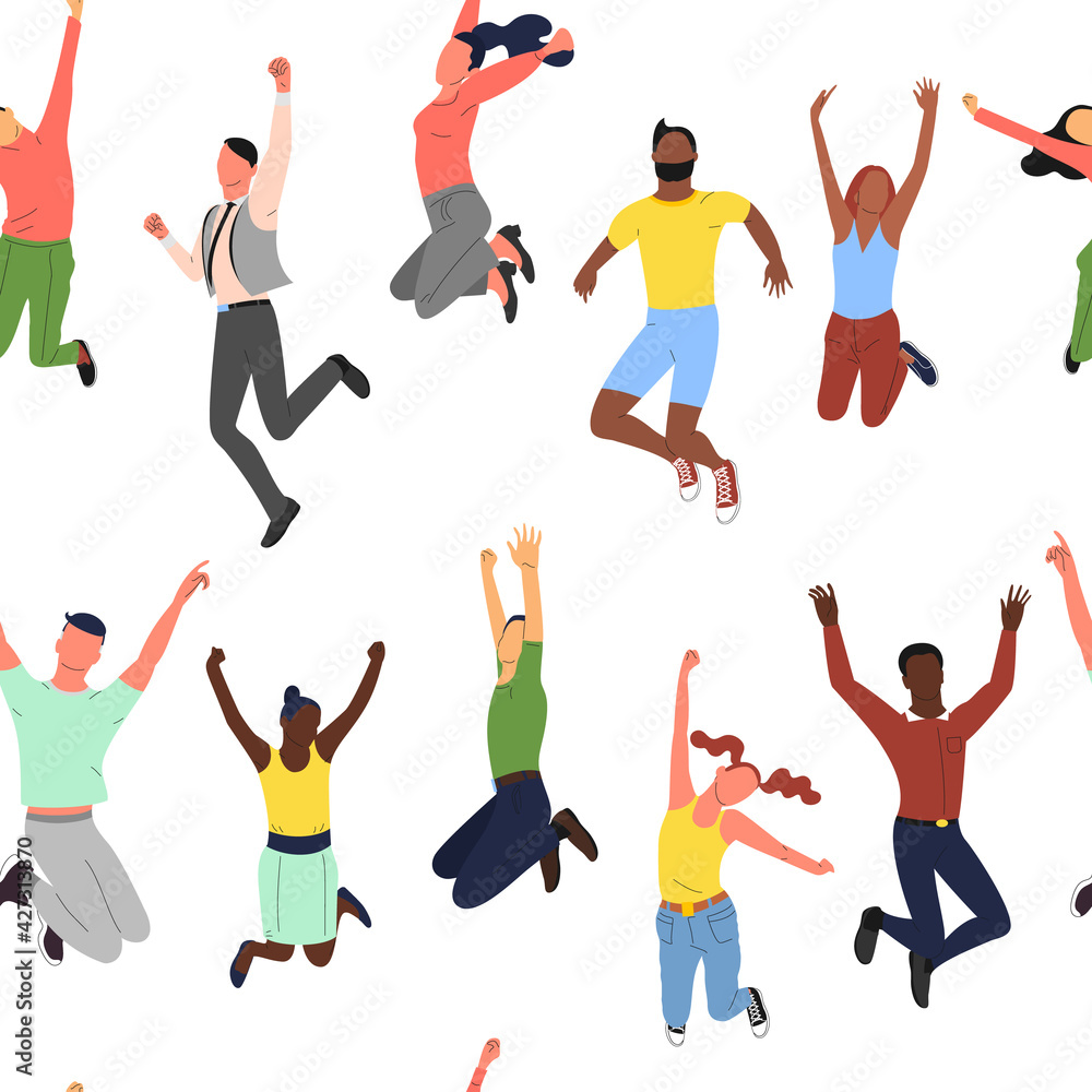 Seamless pattern with crowd of young happy multinational diverse people in jumping poses with hands up. Isolated on white background