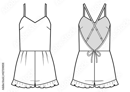 Fashion technical drawing of homewear short jumpsuit for women
