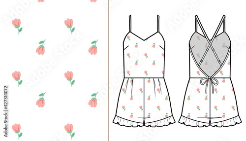 Fashion technical drawing of homewear short jumpsuit for women, flower pattern