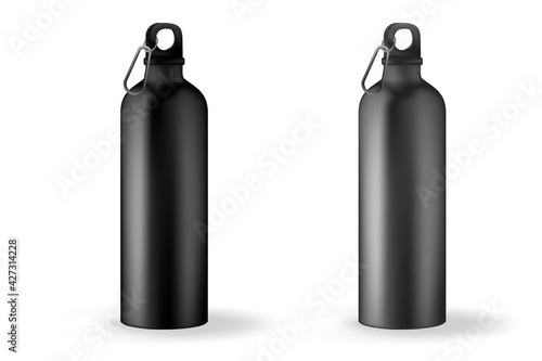 Drink Bottle Vector realistic 3d black, white and silver empty glossy metal water bottle. Design template of packaging mockup for graphics. Front View.