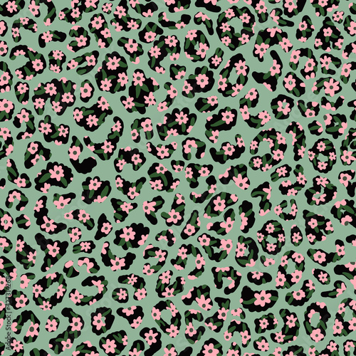 Floral Leo Seamless Repeat Pattern. Random placed flower animal all over print with green background.