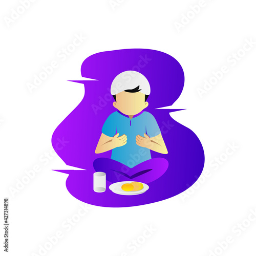 Illustration muslim boy praying before eating design vector